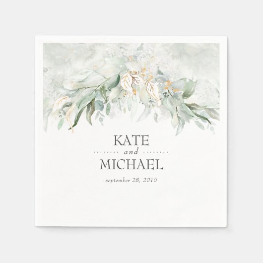 Serviette En Papier Boho Aquarelle Verdure et Feuilles d'or (Devant)