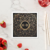 Serviette En Papier Boho Black Gold Foil Mandala Mariage Monogramme (En situation)