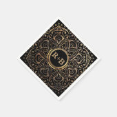 Serviette En Papier Boho Black Gold Foil Mandala Mariage Monogramme (Coin)