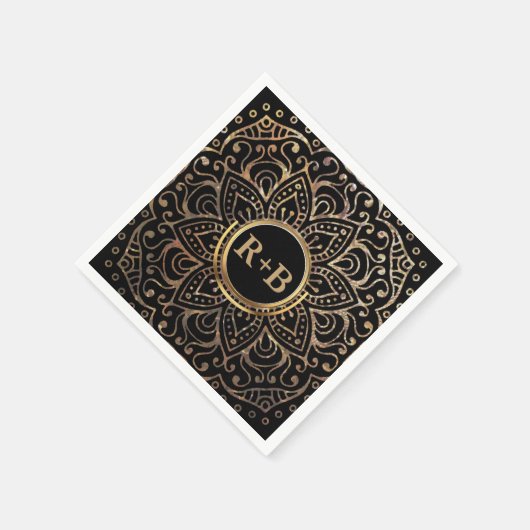 Serviette En Papier Boho Black Gold Foil Mandala Mariage Monogramme (Coin)