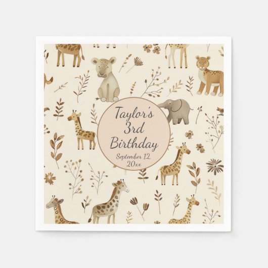 Serviette En Papier Boho Blanc Beige Jungle Animaux Anniversaire (Devant)