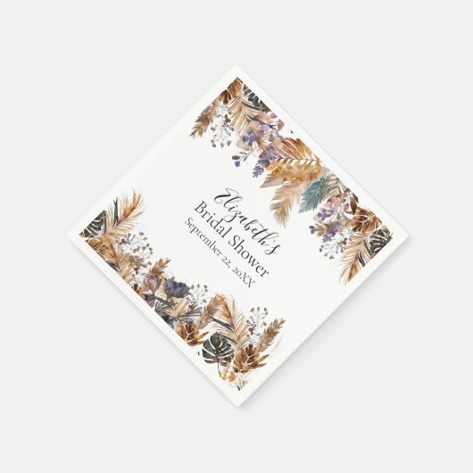 Serviette En Papier Boho Bleu Brown Palm feuilles Pampas Grass (Coin)