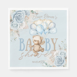Serviette En Papier Boho Blue Floral Pampas Teddy Bear Boy Baby shower