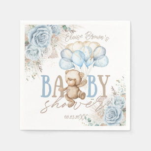 Serviette En Papier Boho Blue Floral Pampas Teddy Bear Boy Baby shower