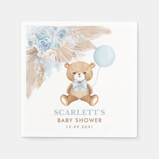 Serviette En Papier Boho Blue Floral Teddy Ours Bébé Garçon Douche (Devant)