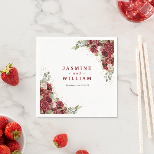 Serviette En Papier Boho Blush Bourgogne Floral Or Mariage géométrique (En situation)