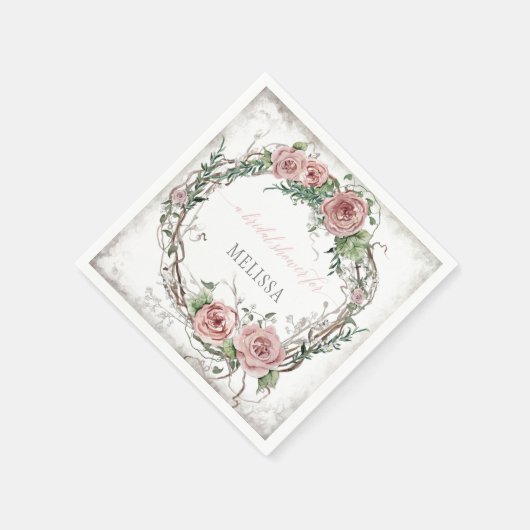Serviette En Papier BOHO Blush Rose Floral Wreath Fête des mariées (Coin)