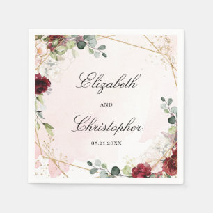 Serviette En Papier Boho brush bordeaux or floral mariage géomérique