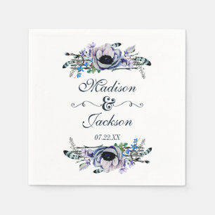 Serviette En Papier Boho Chic Menthe & Navy Floral Monogram Mariage