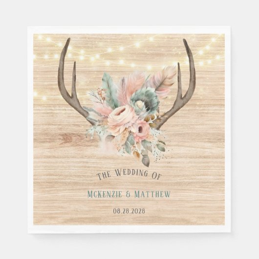 Serviette En Papier Boho Deer Antlers et Florals Mariage en bois (Devant)