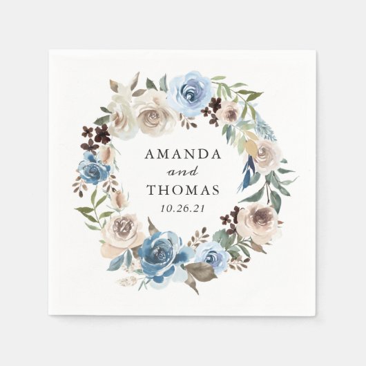 Serviette En Papier Boho Dusty Bleu Beige Floral Mariage (Devant)