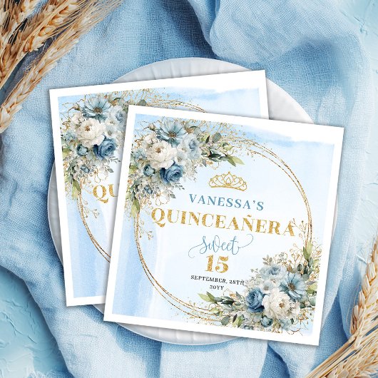 Serviette En Papier Boho Dusty Blue Eucalyptus Gold Glitter Quinceañer