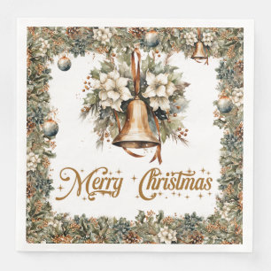 Serviette En Papier Boho Elégante verdure et cloches d'or de Noël