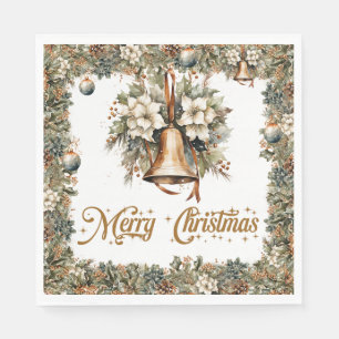 Serviette En Papier Boho Elégante verdure et cloches d'or de Noël