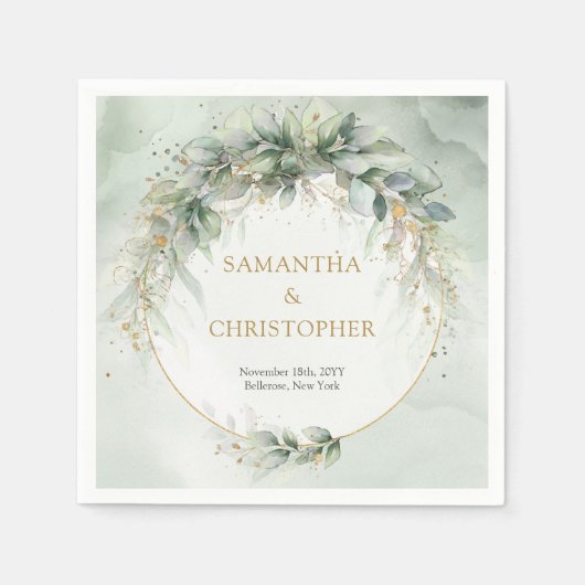 Serviette En Papier Boho Eucalyptus branches vertes faux cadre or (Devant)