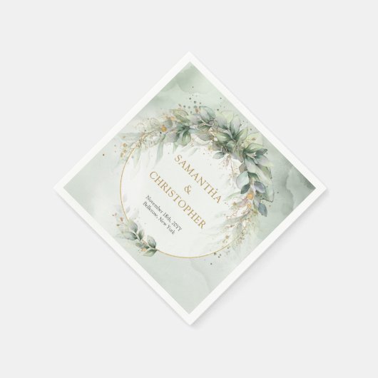 Serviette En Papier Boho Eucalyptus branches vertes faux cadre or (Coin)