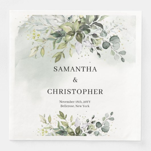 Serviette En Papier Boho Eucalyptus branches vertes faux or (Devant)