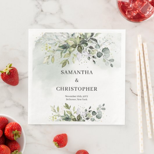 Serviette En Papier Boho Eucalyptus branches vertes faux or (En situation)