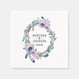 Serviette En Papier Boho Feather & Floral Wreath Mariage Monogramme