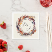 Serviette En Papier Boho Feathers Floral Wreath Monogram Mariage (En situation)