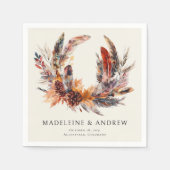 Serviette En Papier Boho Feathers Floral Wreath Monogram Mariage (Devant)