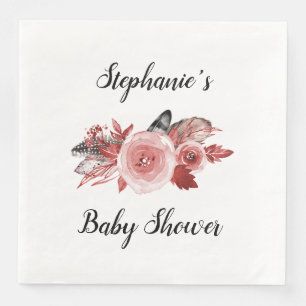 Serviette En Papier Boho Feathers Rose Baby shower Bourgogne