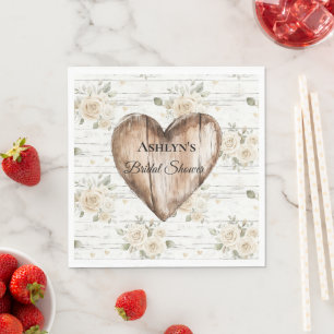 Serviette En Papier Boho Floral Blanc Faux Fête des mariées Coeur Bois