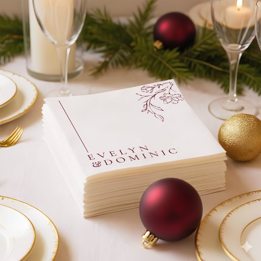 Serviette En Papier Boho Floral Line Art Burgundy Wedding Party