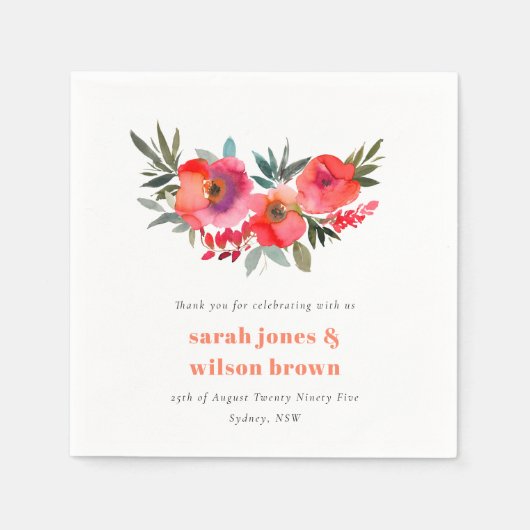 Serviette En Papier Boho Hot rose orange aquarelle Mariage floral (Devant)