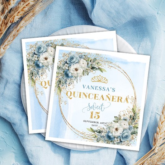 Serviette En Papier Boho Light Blue Floral Gold Glitter Quinceañera 