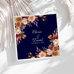 Serviette En Papier Boho Moderne Bleu Nuit Orange Brûlé Floral Mariage