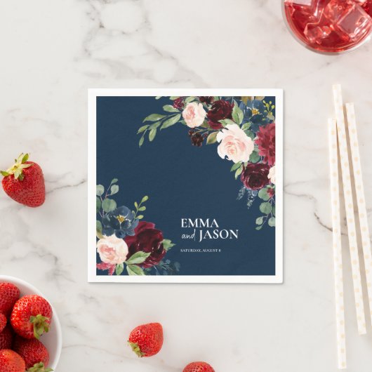 Serviette En Papier Boho Navy Floral Bourgogne Blush Mariage Napkins (En situation)