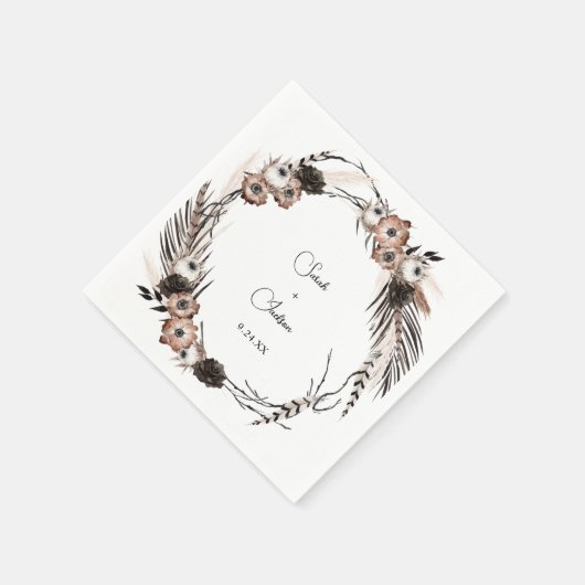 Serviette En Papier Boho noir & naturel Floral Nom V2 (Coin)
