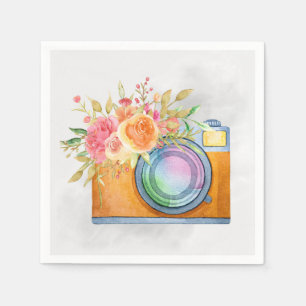 Serviette En Papier Boho Orange Caméra & Bouquet Floral Aquarelle