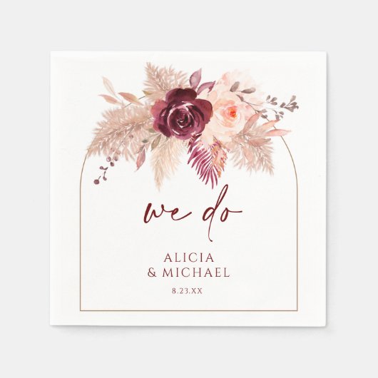 Serviette En Papier Boho Pampas Grass & Burgundy Arche Mariage (Devant)