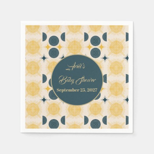 Serviette En Papier Boho Personnalisé Lune Soleil Étoiles Bleu Jaune (Devant)