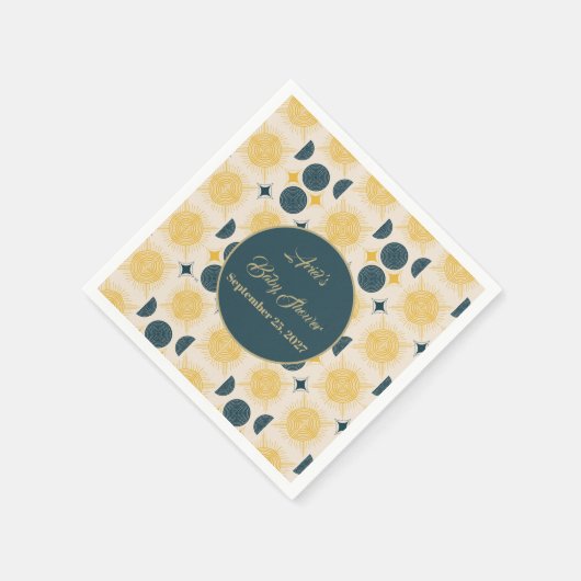 Serviette En Papier Boho Personnalisé Lune Soleil Étoiles Bleu Jaune (Coin)