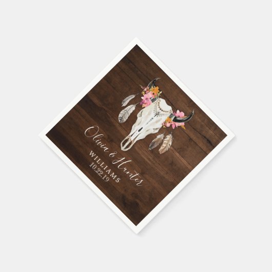 Serviette En Papier Boho Plume Antler Crâne Mariage en bois foncé (Coin)