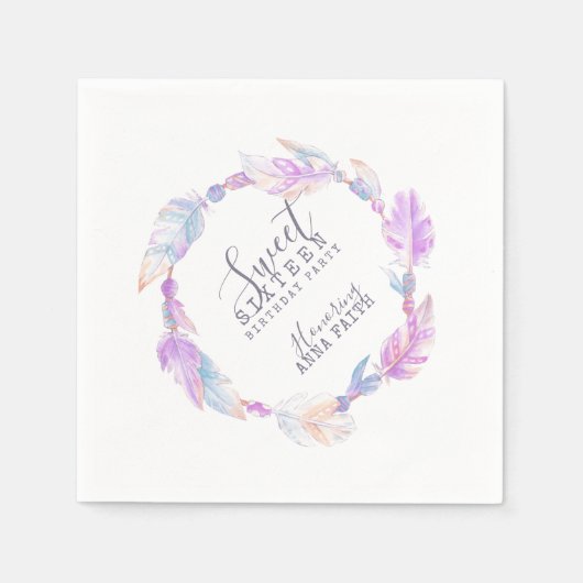 Serviette En Papier Boho plume perle aquarelle 16e Anniversaire servie (Devant)