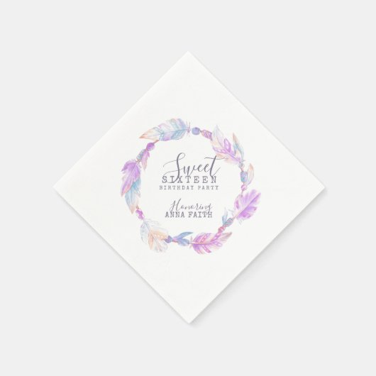 Serviette En Papier Boho plume perle aquarelle 16e Anniversaire servie (Coin)