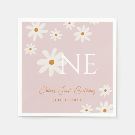 Serviette En Papier Boho Retro Blush Rose Daisy Premier anniversaire (Devant)