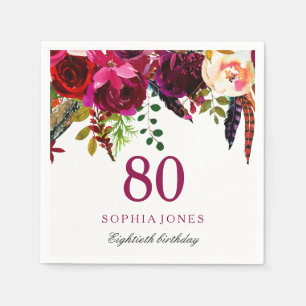 Serviette En Papier Boho rose et bordeaux Floral 80e fête d'anniversai