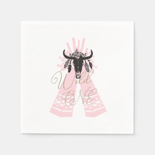 Serviette En Papier Boho rose et noir Chic Wild ONE 1ère fête d'annive (Devant)