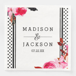 Serviette En Papier Boho rose Floral et noir Mariage point Monogramme