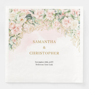 Serviette En Papier Boho rose pastel roses eucalyptus or mariage
