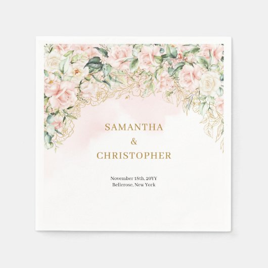 Serviette En Papier Boho rose pastel roses eucalyptus or mariage (Devant)