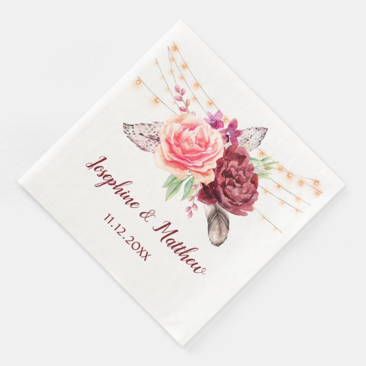 Serviette En Papier Boho Roses plumes Mariage (Coin)