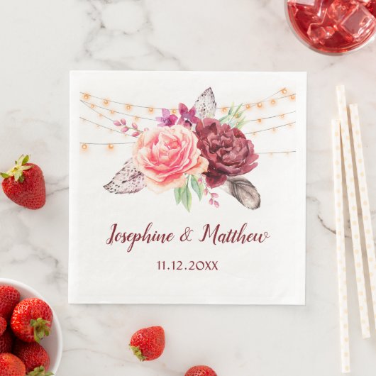 Serviette En Papier Boho Roses plumes Mariage (En situation)