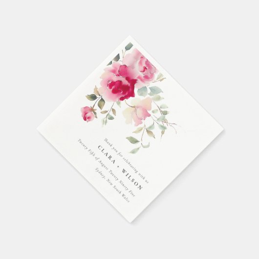 Serviette En Papier Boho Rouge Rose Fleurs Mariage d'aquarelle (Coin)