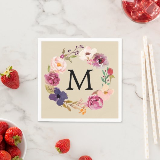 Serviette En Papier Boho rustique aquarelle Floral Wreath Monogramme (En situation)
